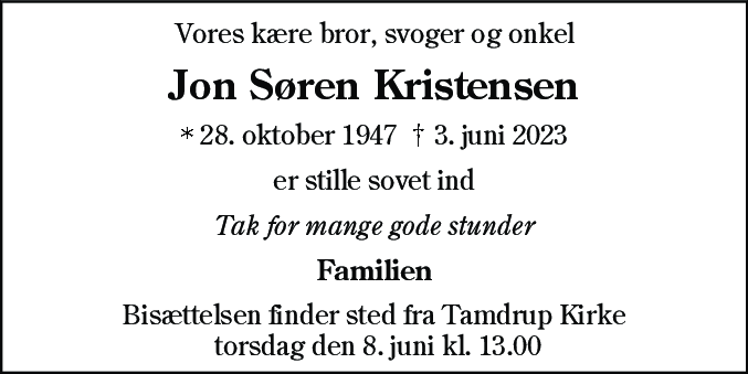 Dødsannonce for Jon Søren Kristensen