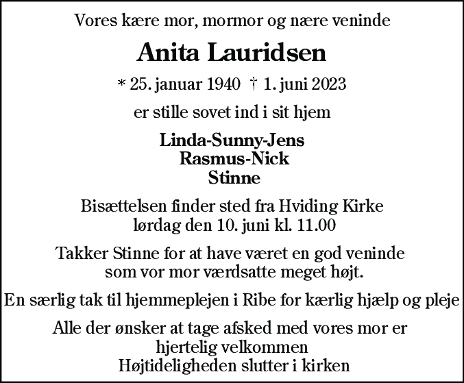 Dødsannonce for Anita Lauridsen