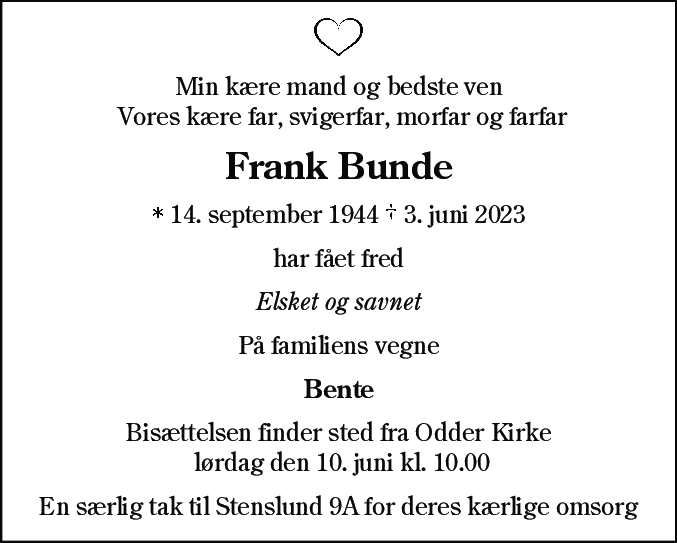 Dødsannonce for Frank Bunde
