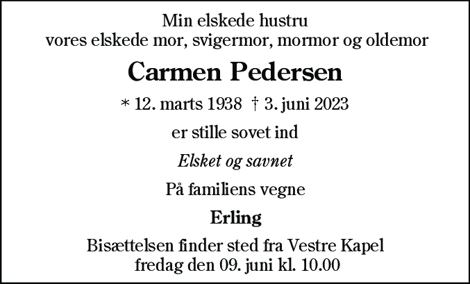 Dødsannonce for Carmen Pedersen