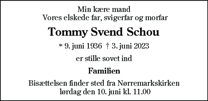 Dødsannonce for Tommy Svend Schou
