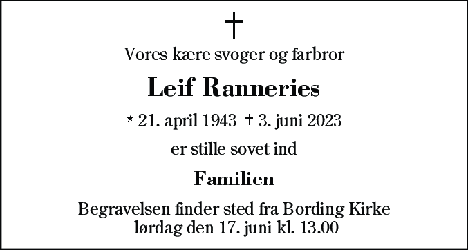 Dødsannonce for Leif Ranneries