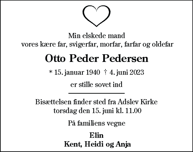 Dødsannonce for Otto Peder Pedersen