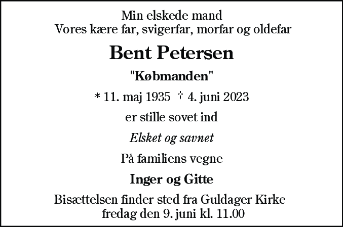 Dødsannonce for Bent Petersen