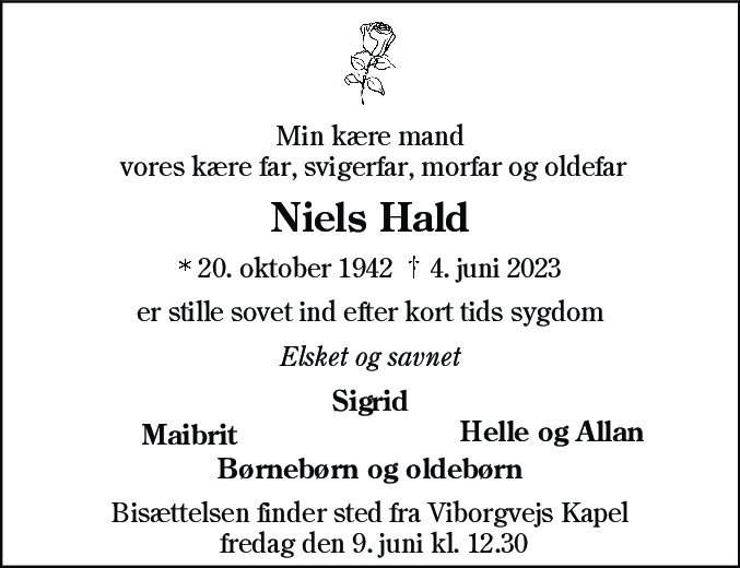 Dødsannonce for Niels Christian Nielsen Hald
