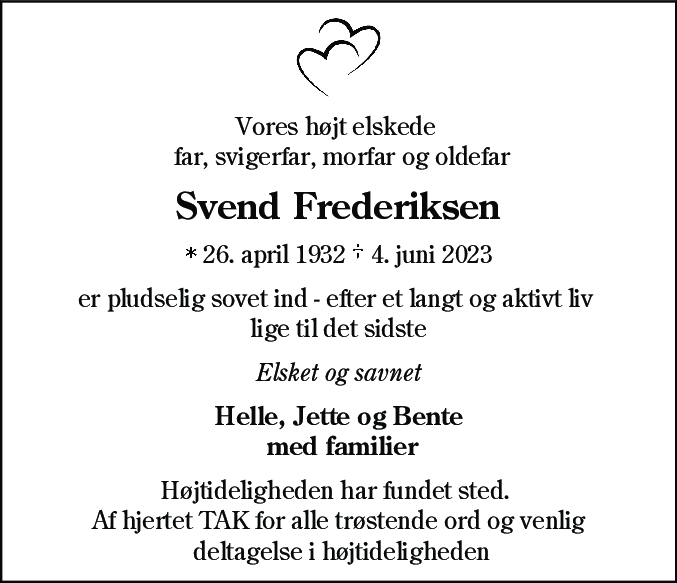 Dødsannonce for Svend Frederiksen