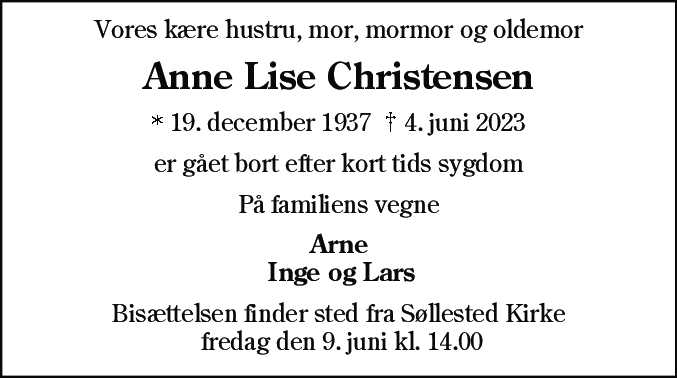 Dødsannonce for Anne Lise Christensen
