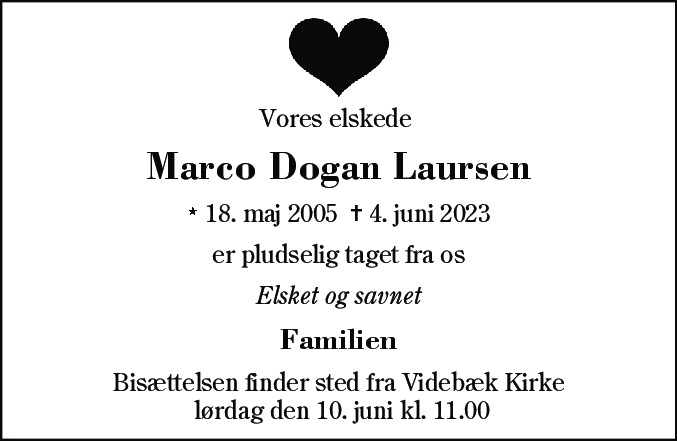 Dødsannonce for Marco Dogan Laursen