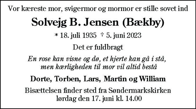 Dødsannonce for Anne Solveig Bøgelund Jensen
