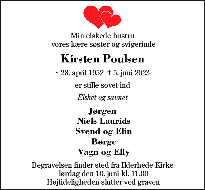 Dødsannonce for Kirsten Poulsen