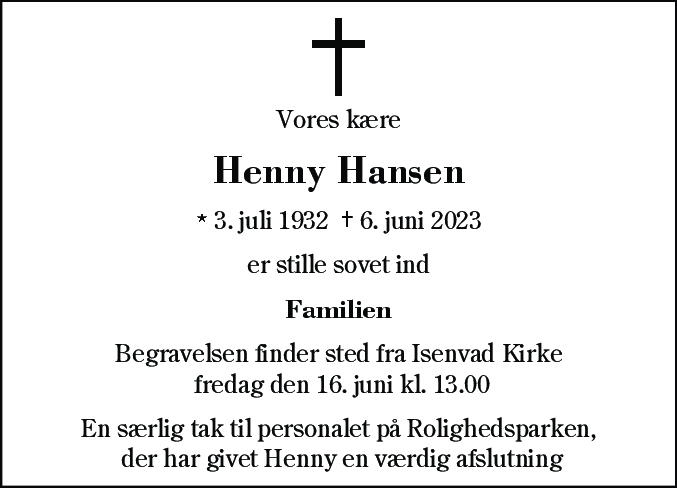 Dødsannonce for Henny Hansen
