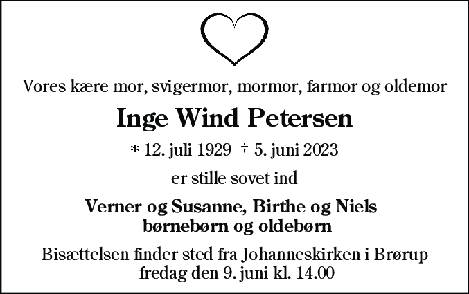 Dødsannonce for Inge Alice Gertrud Petersen