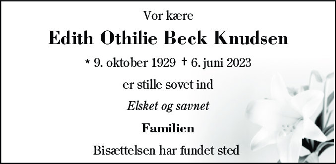Dødsannonce for Edith Othilie Beck Knudsen