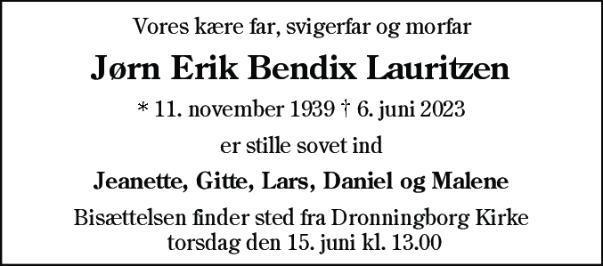Dødsannonce for Jørn Erik Bendix Lauritzen