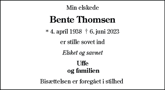 Dødsannonce for Bente Vera Thomsen