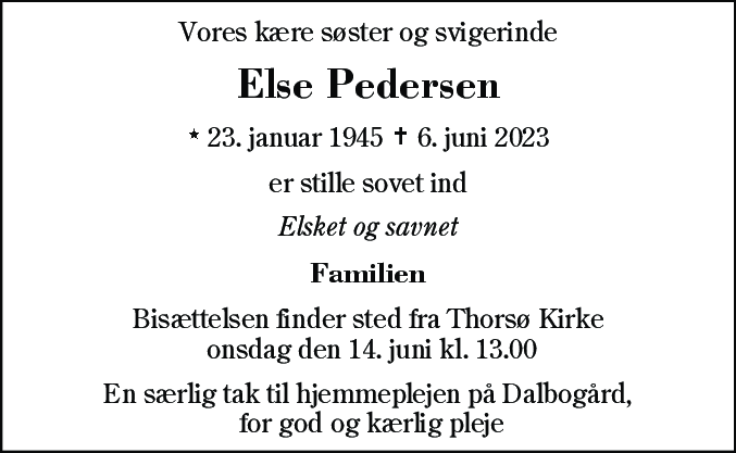 Dødsannonce for Else Pedersen