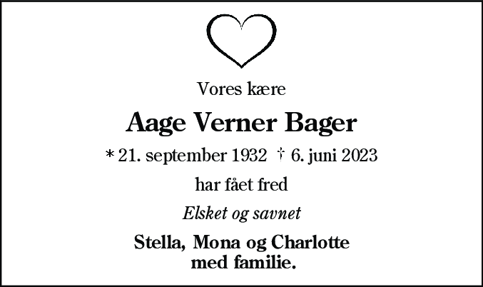 Dødsannonce for Aage Verner Bager