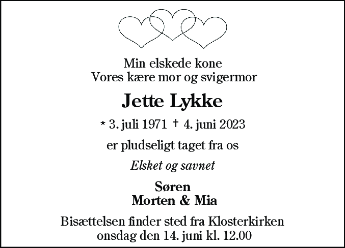 Dødsannonce for Jette Lykke Pedersen