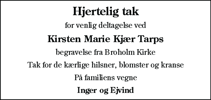 Dødsannonce for Kirsten Marie Kjær Tarp