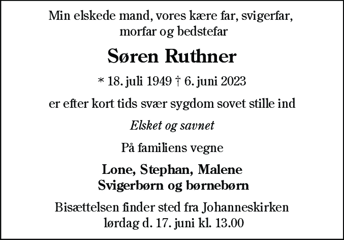 Dødsannonce for Søren Ruthner
