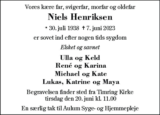 Dødsannonce for Niels Henriksen