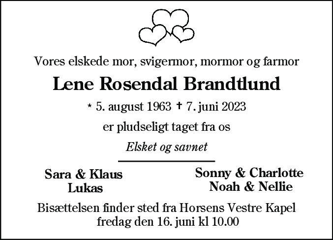 Dødsannonce for Lene Rosendal Brandtlund