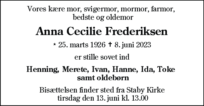 Dødsannonce for Anna Cecilie Frederiksen