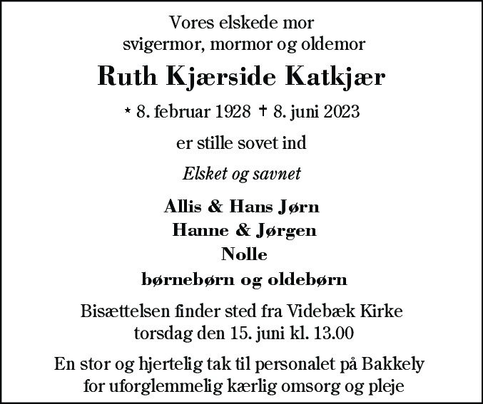Dødsannonce for Ruth Kjærside Katkjær