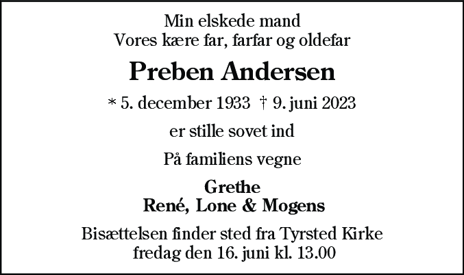 Dødsannonce for Preben Andersen