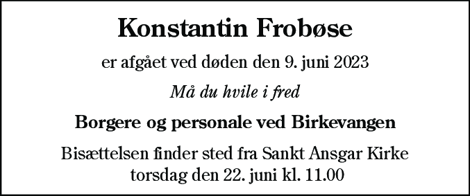 Dødsannonce for Konstantin Frobøse