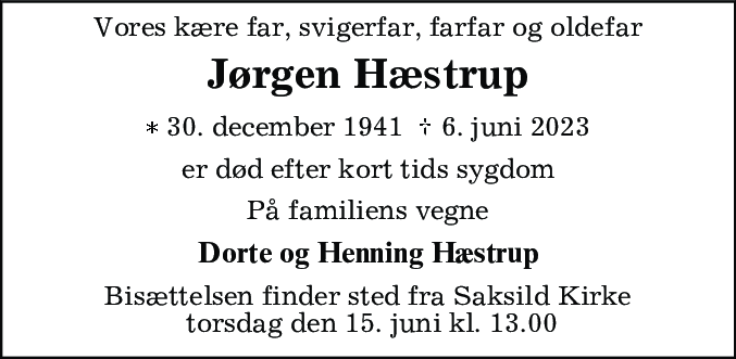 Dødsannonce for Jørgen Hæstrup