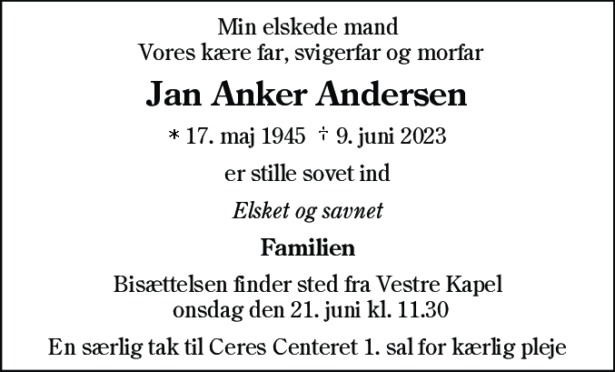 Dødsannonce for Jan Anker Andersen