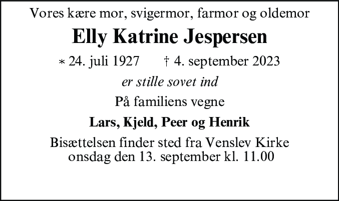 Dødsannonce for Elly Katrine Jespersen
