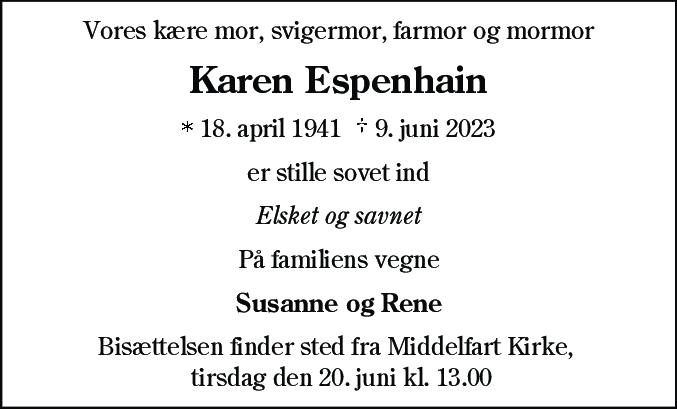 Dødsannonce for Karen Bodil Marie Espenhain