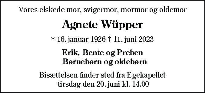 Dødsannonce for Agnethe Wüpper