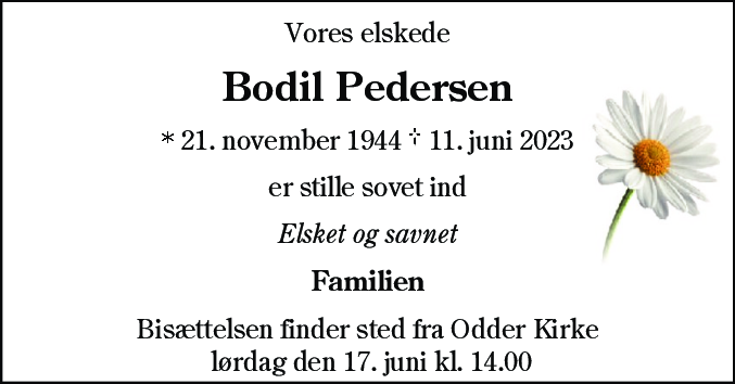 Dødsannonce for Bodil Pedersen