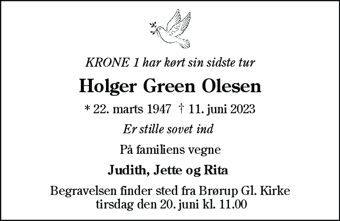 Dødsannonce for Holger Green Olesen