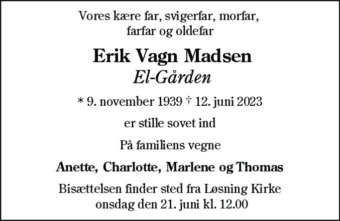 Dødsannonce for Erik Vagn Madsen