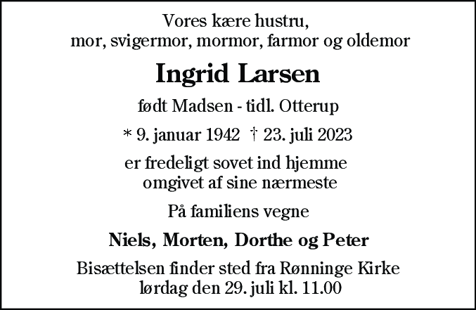 Dødsannonce for Ingrid Larsen