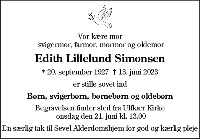 Dødsannonce for Edith Simonsen