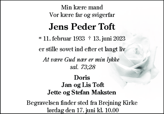 Dødsannonce for Jens Peder Toft