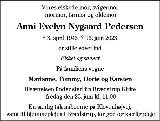 Dødsannonce for Anni Evelyn Nygaard Pedersen