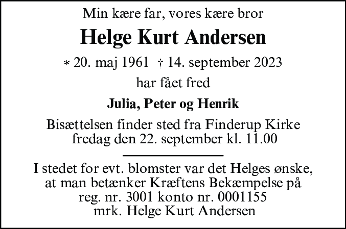 Dødsannonce for Helge Kurt Andersen