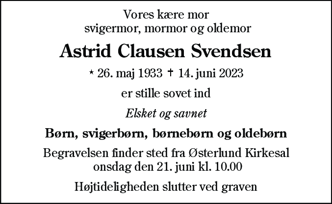 Dødsannonce for Astrid Clausen Svendsen