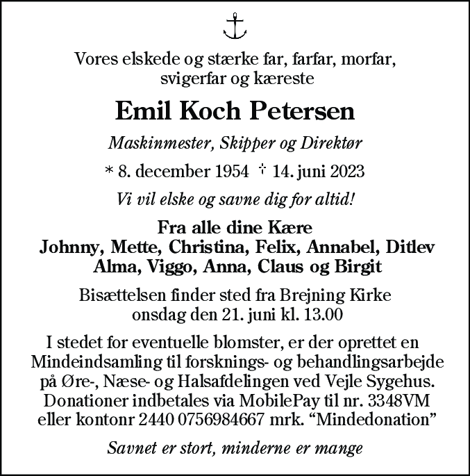 Dødsannonce for Emil Koch Petersen