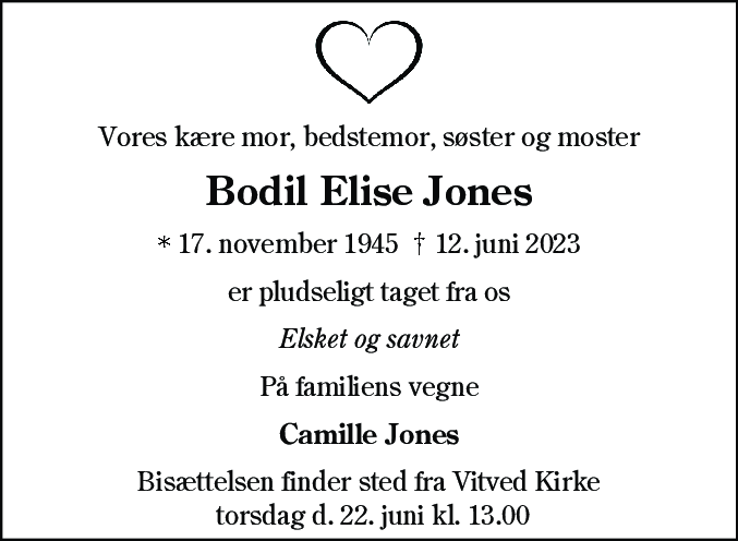 Dødsannonce for Bodil Elise Jones