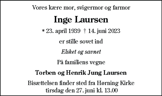 Dødsannonce for Inge Laursen