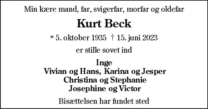 Dødsannonce for Kurt Beck
