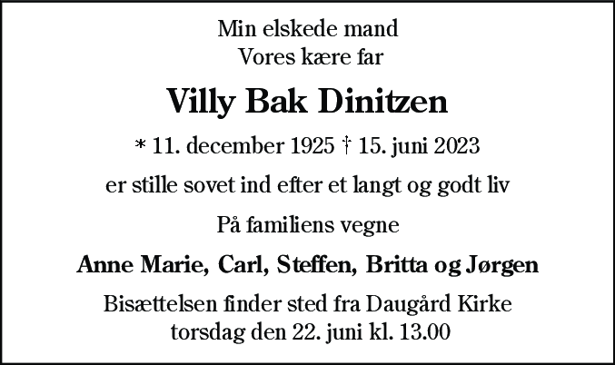 Dødsannonce for Villy Bak Dinitzen