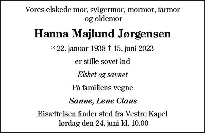 Dødsannonce for Hanna Majlund Jørgensen